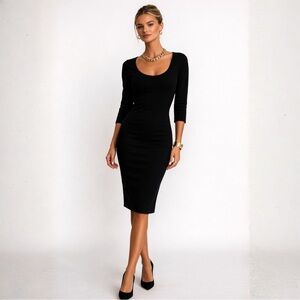 Classic Black Scoop Neck Wool Midi Dress, Fitted and Sleek